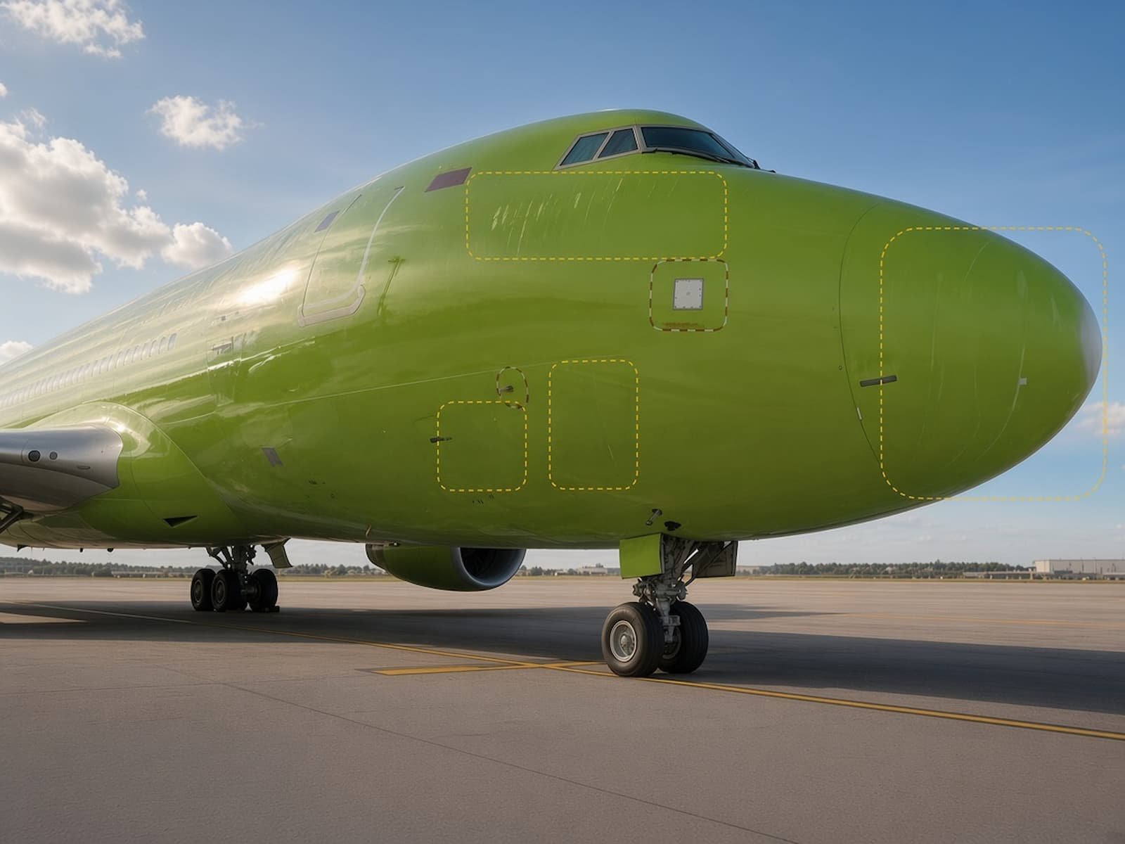 Right side of the nose fuselage, including the area below the cockpit windows, with inspection zones marked.