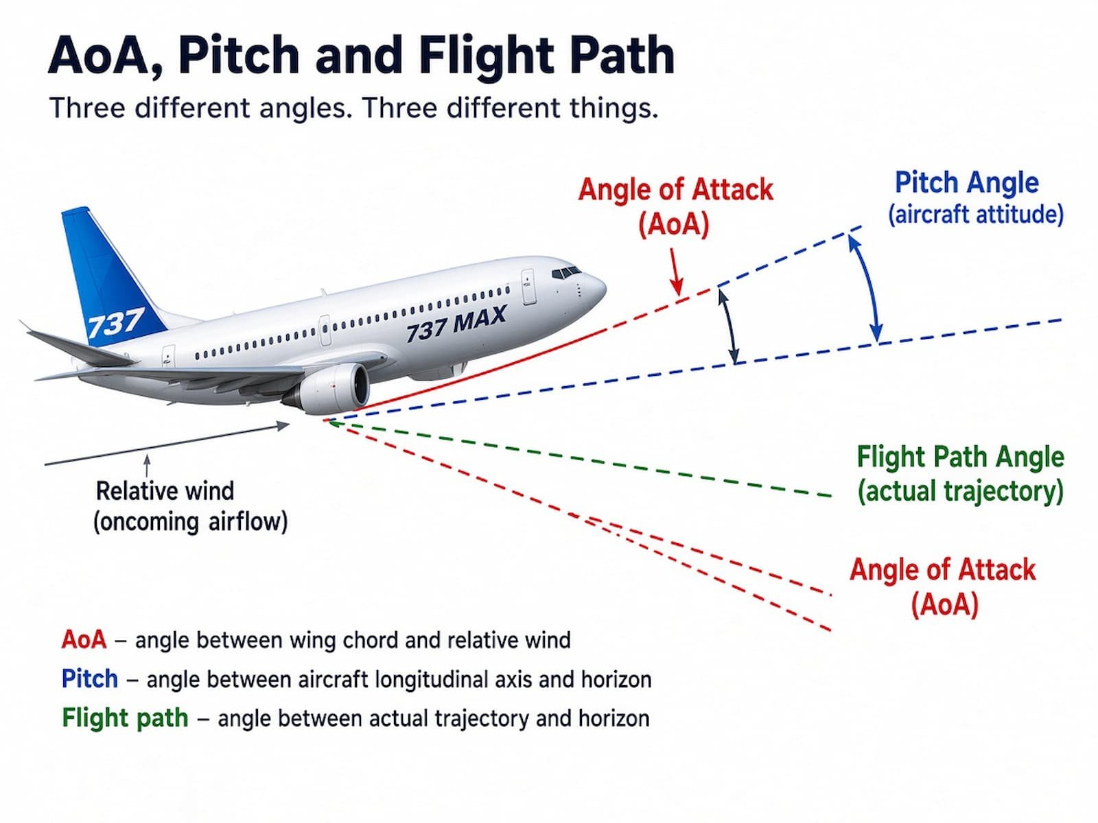 Geometrische Unterscheidung zwischen Anstellwinkel (AoA), Neigungswinkel (Pitch) und Flugbahnwinkel (Flight Path)