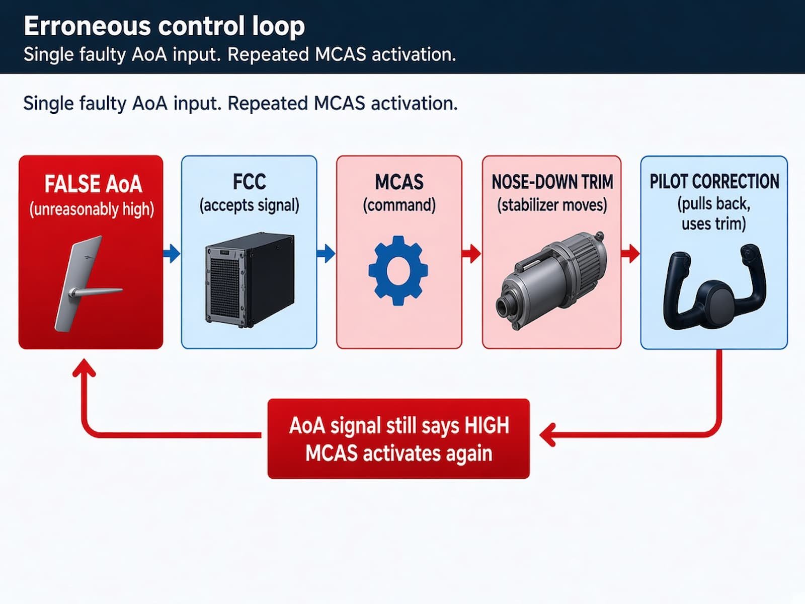 Fehlerhafter Regelkreis: Falscher AoA -> MCAS -> Kopflastig -> Pilotkorrektur -> Erneute MCAS-Aktivierung